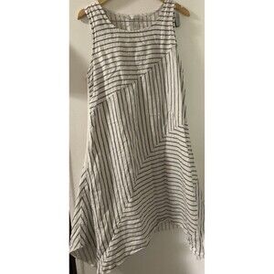 Made In Italy Lino 100% Linen SleeveMidi Dress Grey & White Geometrical Stripe